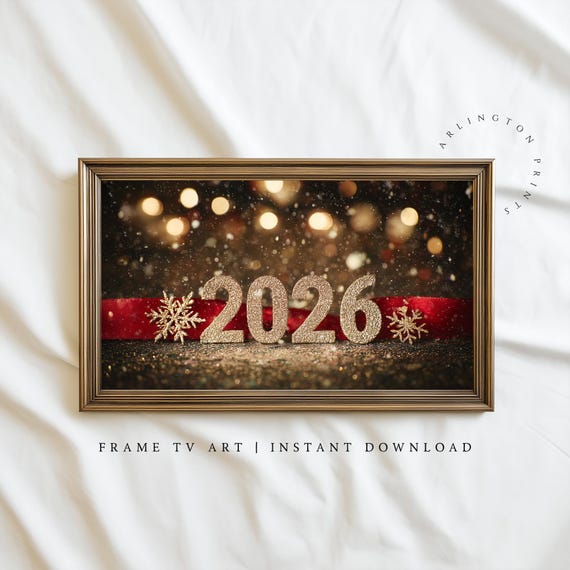 New Year 2026 Frame Tv Art Festive Gold Glitter Holiday Decor Elegant Winter Screensaver Artwork