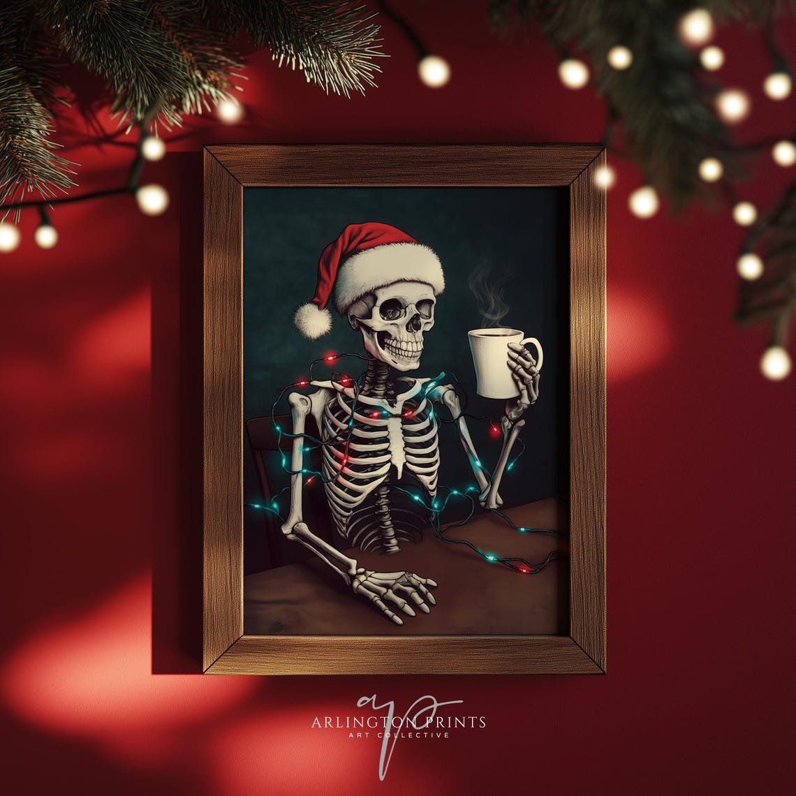 Skeleton In Santa Hat Drinking Coffee Dark Funny Christmas Poster