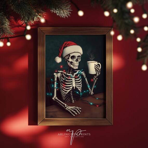 Skeleton In Santa Hat Drinking Coffee Dark Funny Christmas Poster