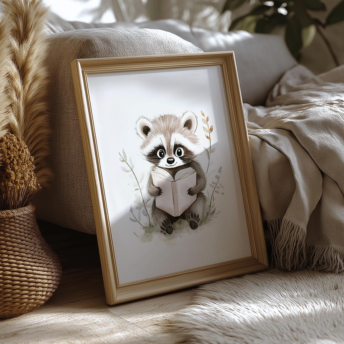 Baby Raccoon Reading Book Cute Woodland Animal Nursery Art Poster - Image 2