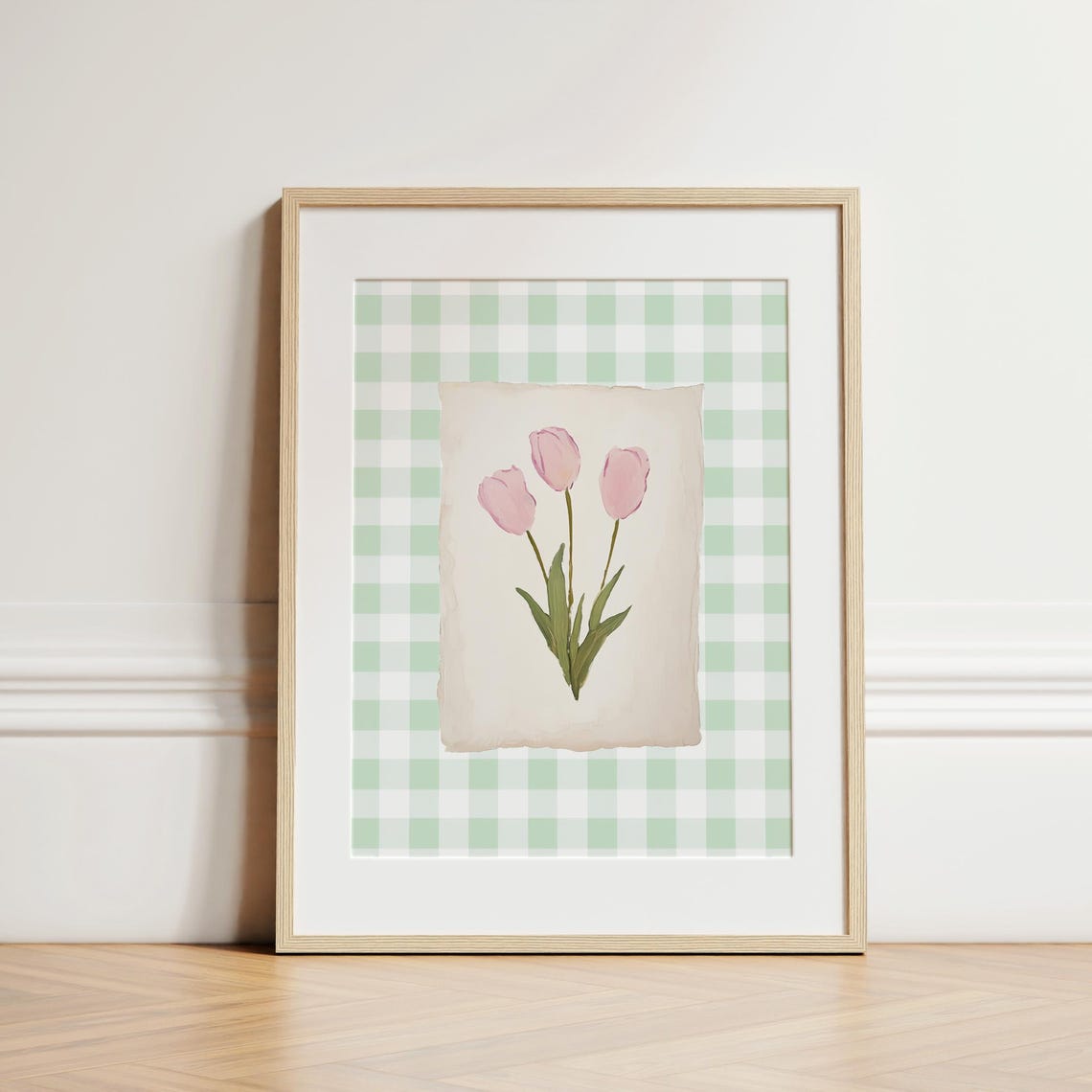 Pink Tulips On Green Gingham Floral Cottagecore Spring Poster