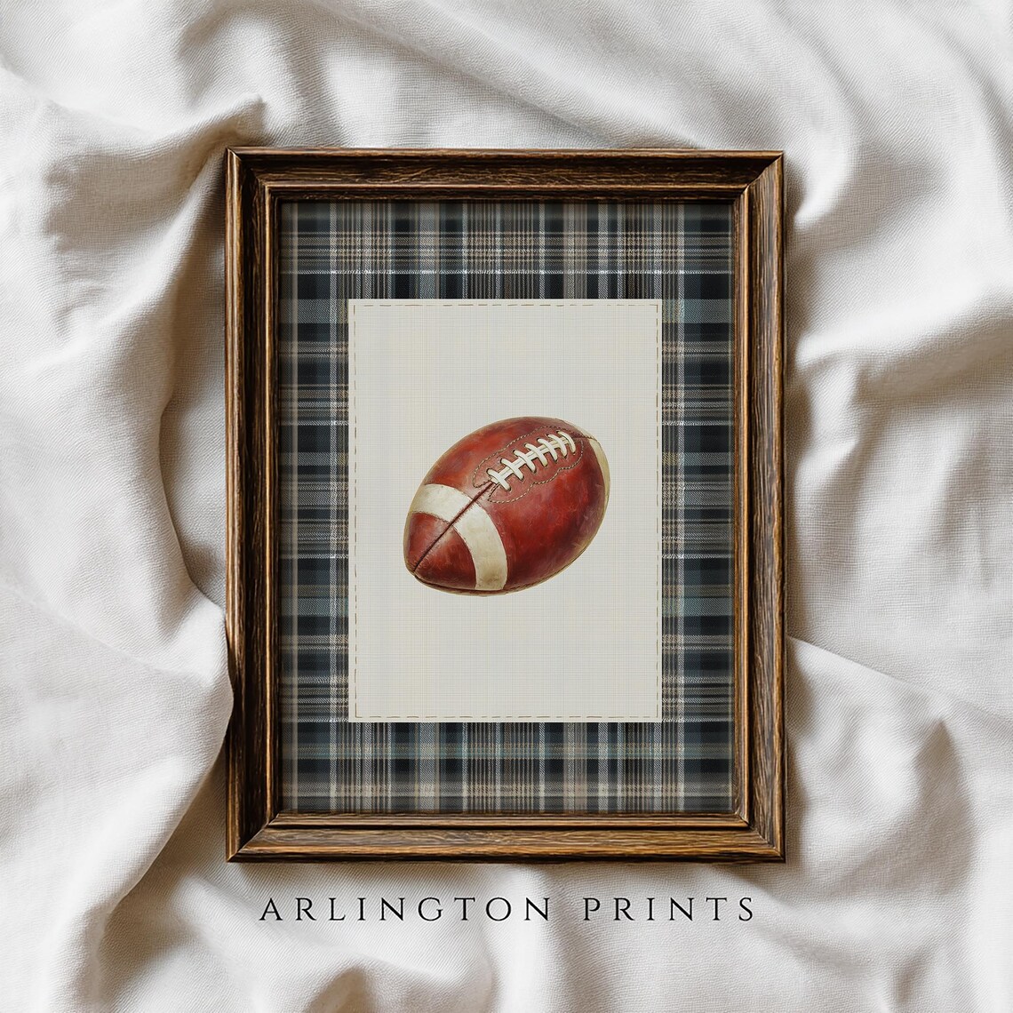 Vintage Leather Football On Plaid Background Sports Nursery Wall Art