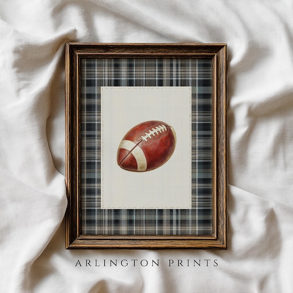 Vintage Leather Football On Plaid Background Sports Nursery Wall Art