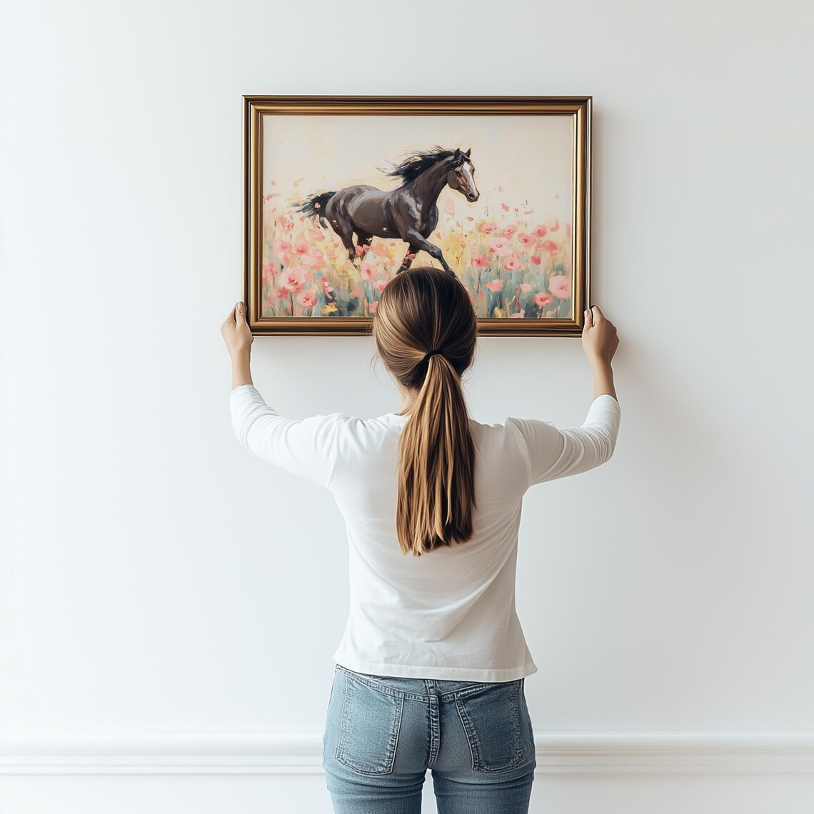 Black Horse Wildflower Meadow Western Art Print - Image 2
