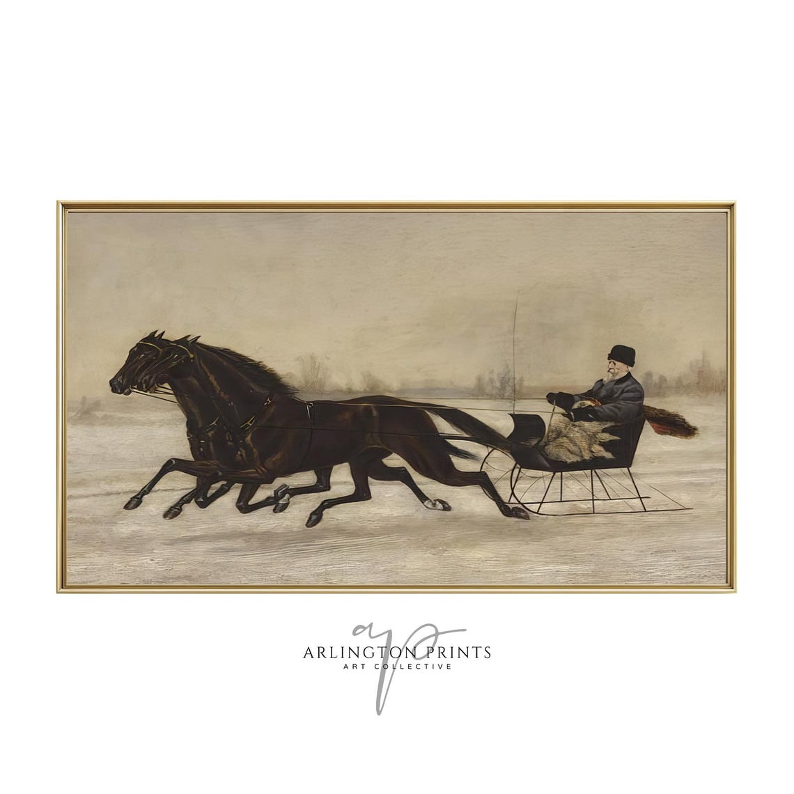 Two Horses Pulling Sleigh Frozen River Antique Winter Painting Poster