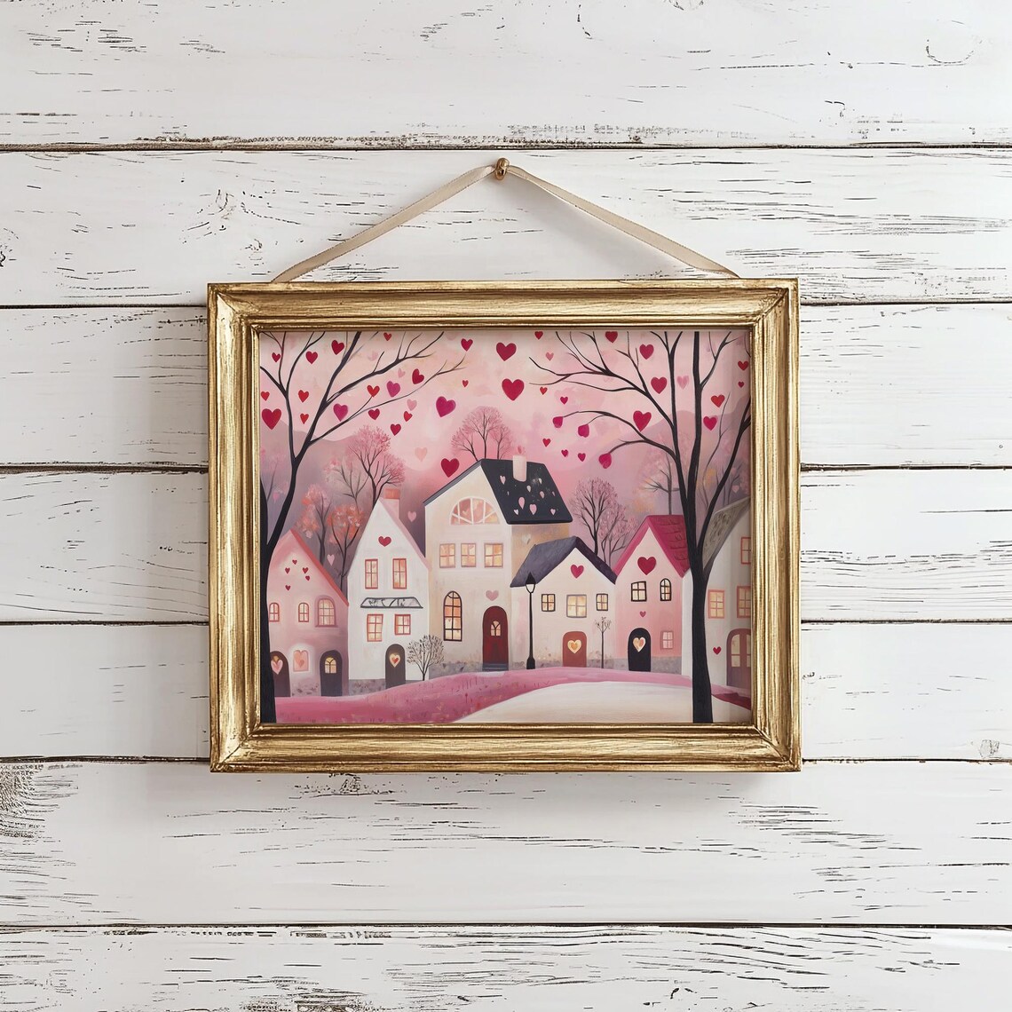 Pink Valentine Street With Cozy Houses And Floating Hearts Poster - Image 2