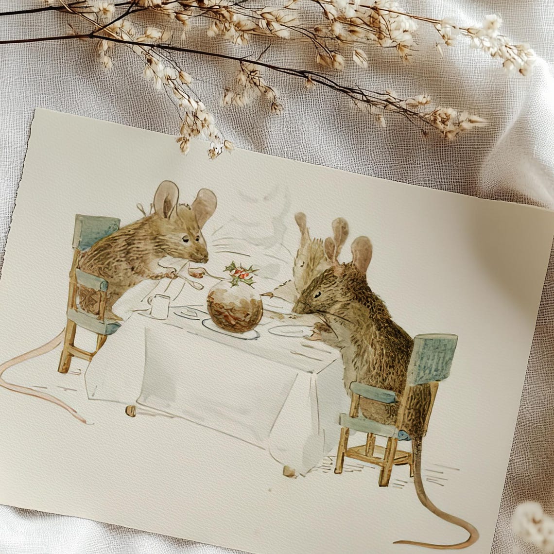 Three Hungry Mice at Dinner Table Antique Animal Watercolor Poster - Image 3