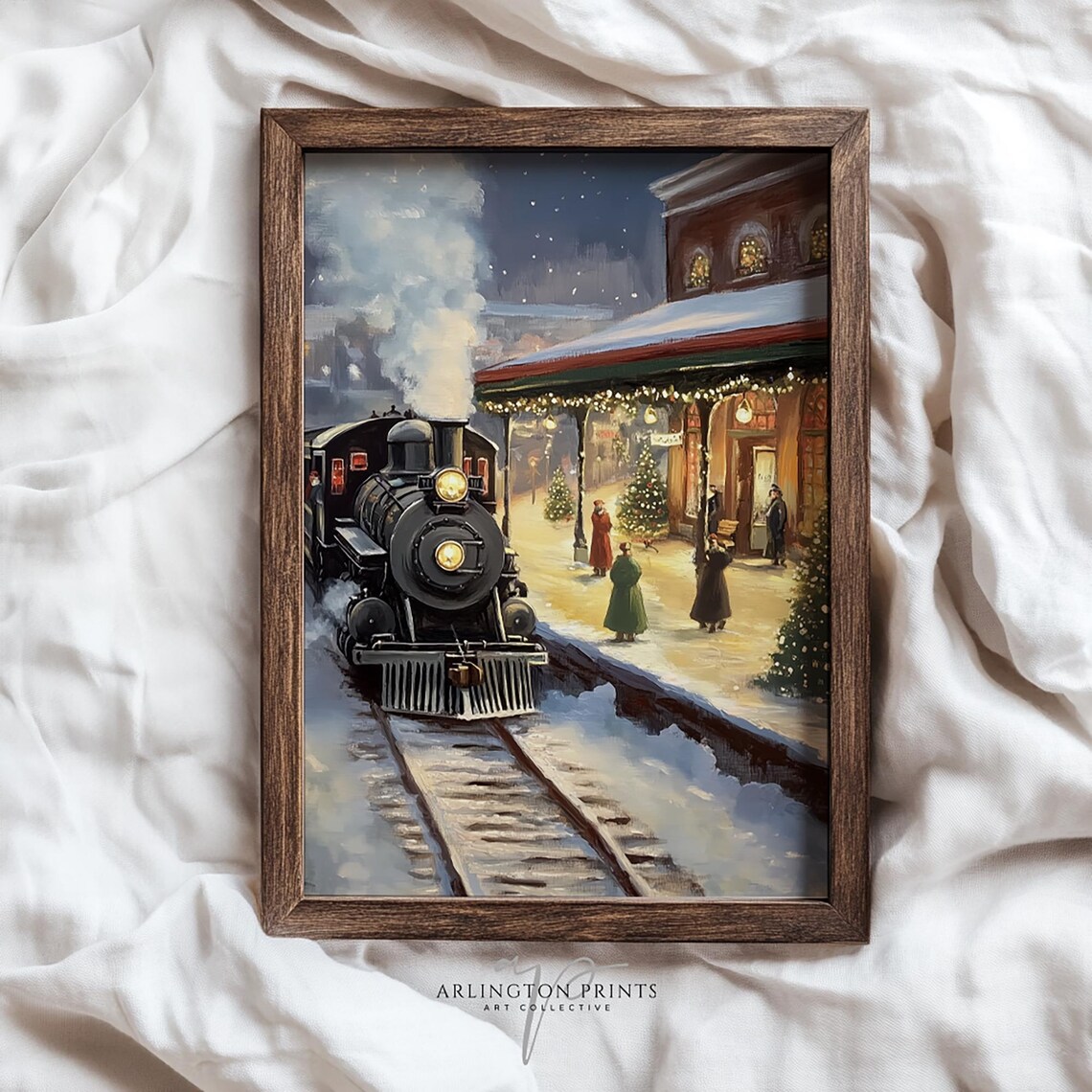 Snowy Night Christmas Train Station Vintage Steam Locomotive Poster - Image 4