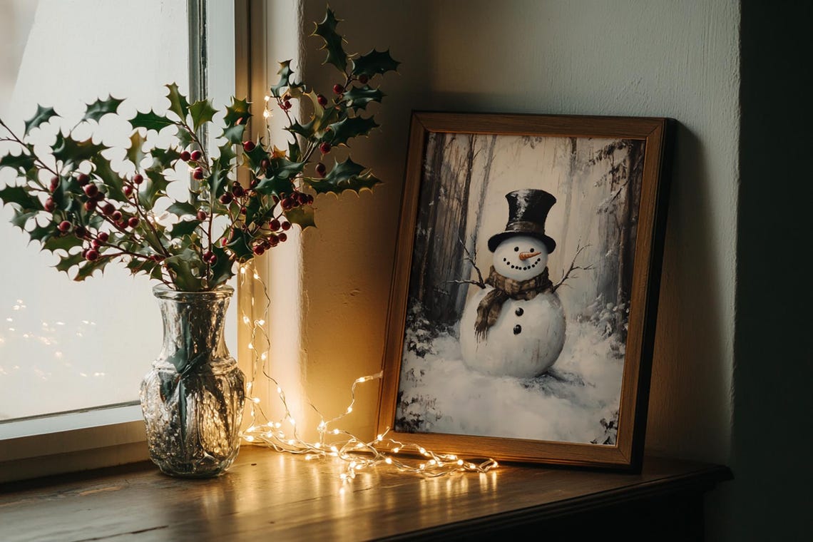 Rustic Snowman Top Hat Scarf Winter Forest Vintage Painting Poster - Image 3