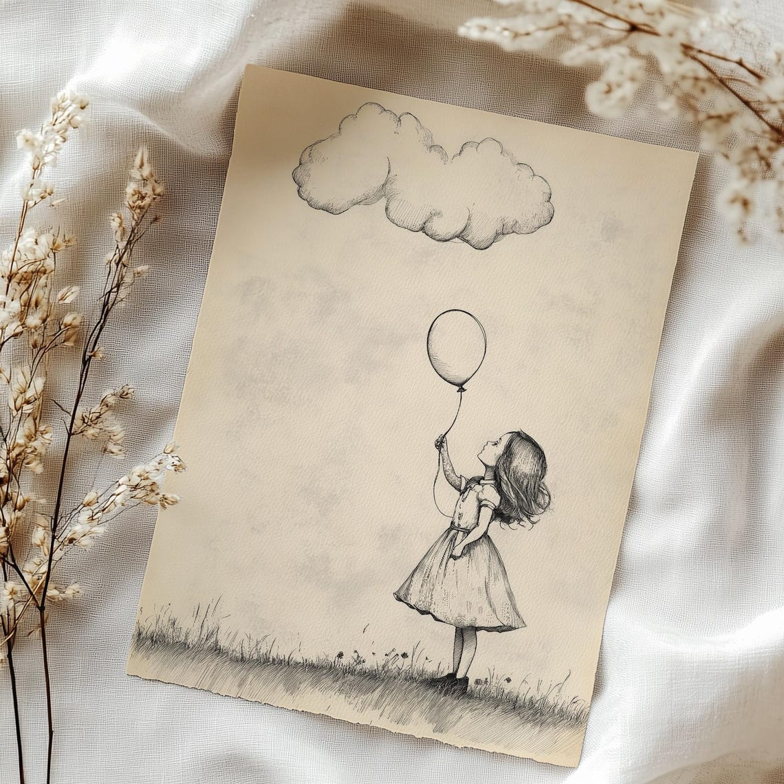 Little Girl Holding Balloon Under Cloud Vintage Sketch Nursery Poster - Image 3