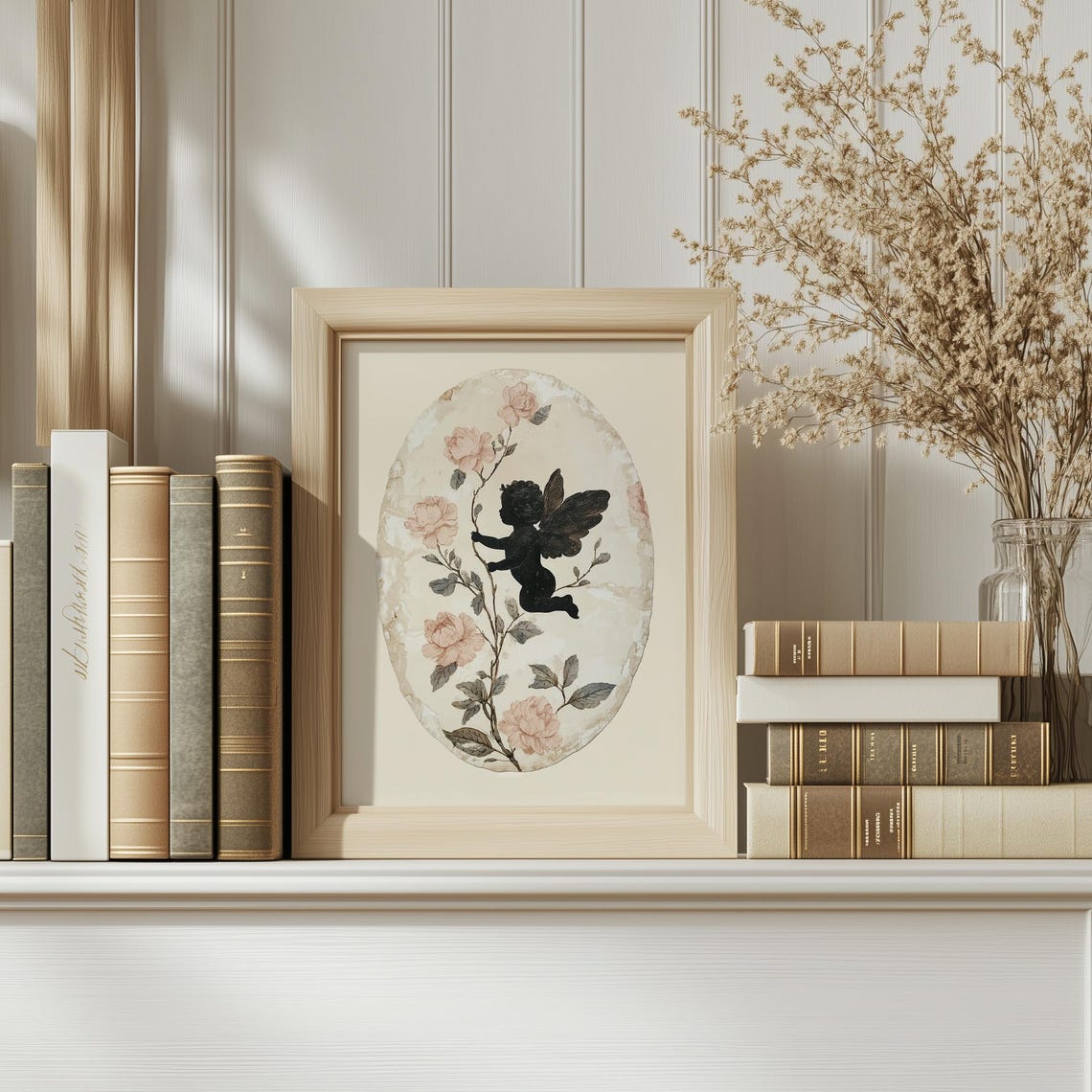 Black Cherub Silhouette Climbing Rose Stem Oval Medallion Art Print - Image 4