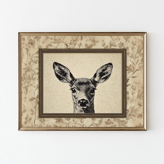 Country Farmhouse Deer, Vintage Line Drawing Art Print