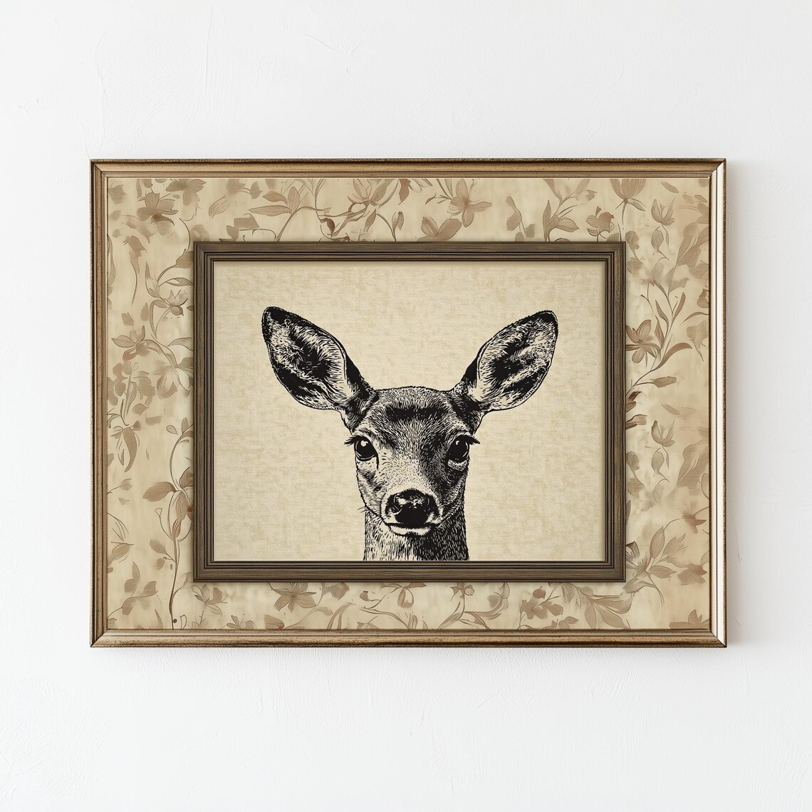 Country Farmhouse Deer, Vintage Line Drawing Art Print