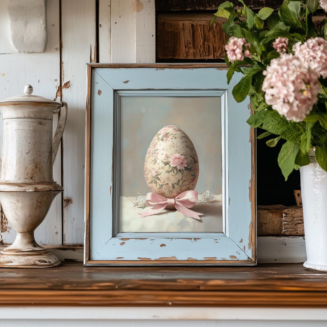 Pink Floral Easter Egg with Satin Bow in Ornate Gold Frame Art Poster - Image 3