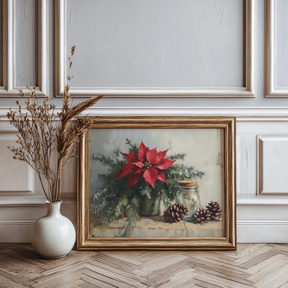 Red Poinsettia Pinecones Rustic Still Life Christmas Wall Print - Image 3