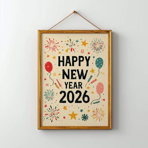 Happy New Year 2026 Poster Vintage Celebration Wall Art Retro Holiday Print Festive Party Decor Unframed W9