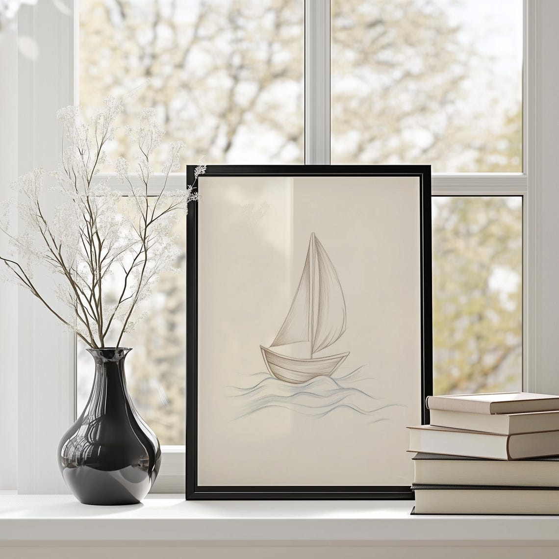 Minimalist Sailboat Sketch On Cream Nursery Nautical Art Poster - Image 2