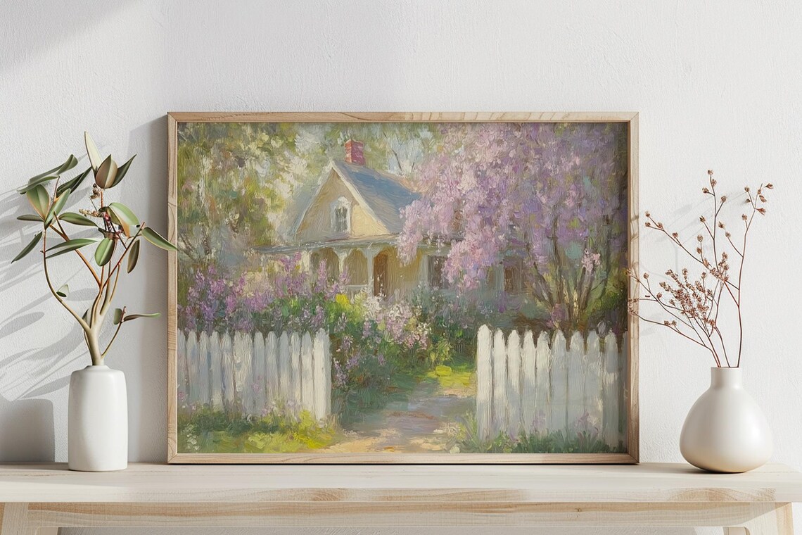Spring Cottage With White Picket Fence Blooming Trees Pastel Art Poster - Image 4