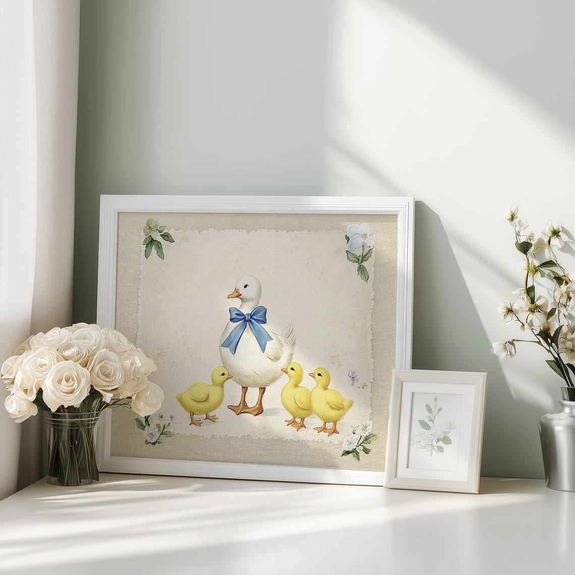 Mother Duck Ducklings Blue Bow Nursery Vintage Baby Room Art Poster - Image 4