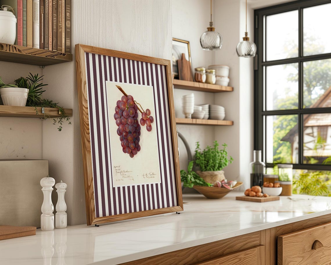 Red Grapes Vintage Botanical Fruit Striped Border Kitchen Art Poster - Image 3