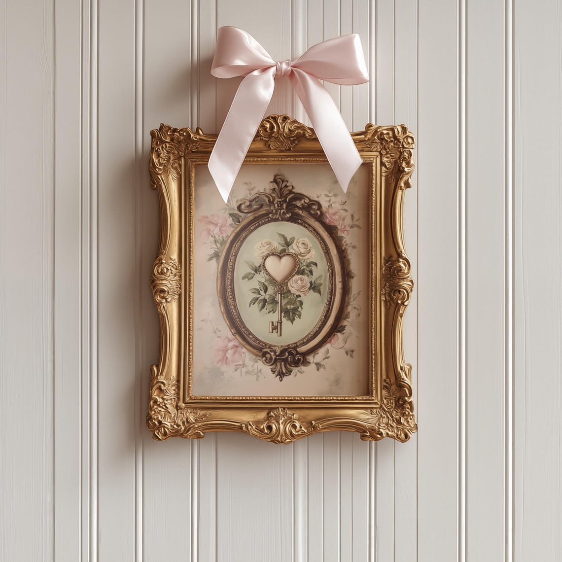 Vintage Heart Shaped Key with White Roses Baroque Oval Frame Print - Image 4
