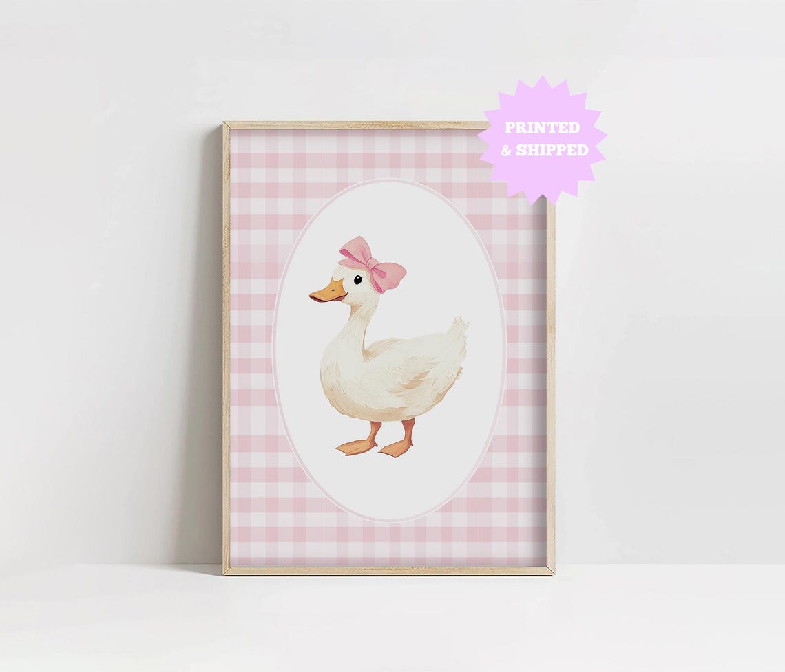 White Duck With Pink Bow Pink Gingham Girls Room Nursery Poster
