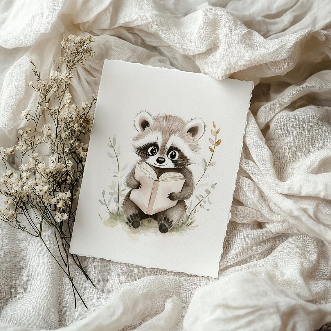 Baby Raccoon Reading Book Cute Woodland Animal Nursery Art Poster - Image 4