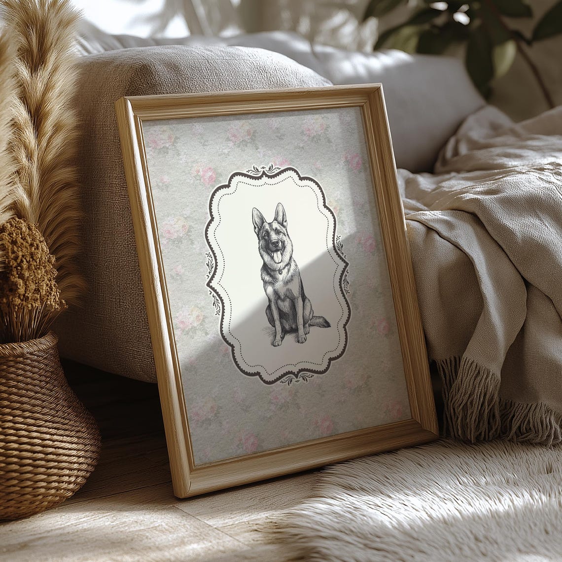 German Shepherd Sitting Sketch Floral Vintage Nursery Art Poster - Image 3