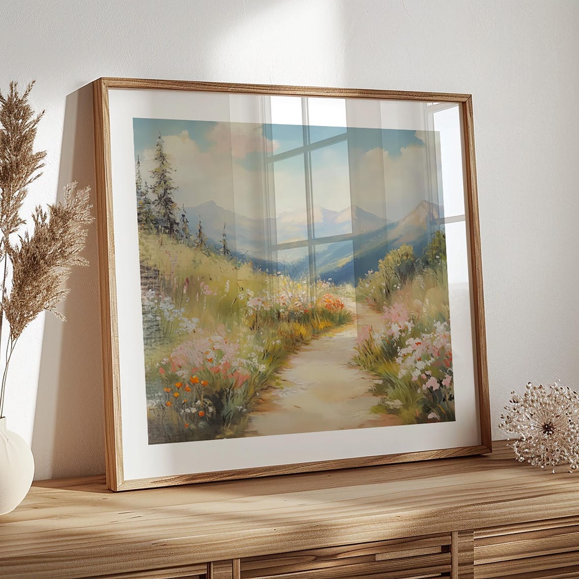 Pastel Spring Mountain Path Wildflowers Landscape Painting Poster - Image 4