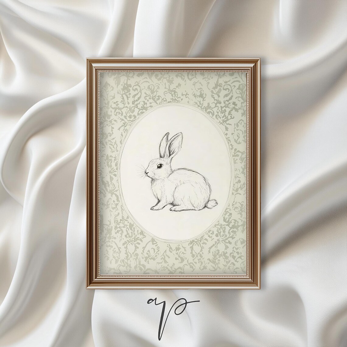 Cute Bunny Art, Green Spring Nursery Decor Print