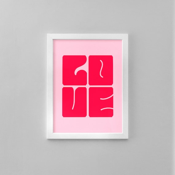 LOVE Block Letters Bold Red Typography Design on Pink Art Print