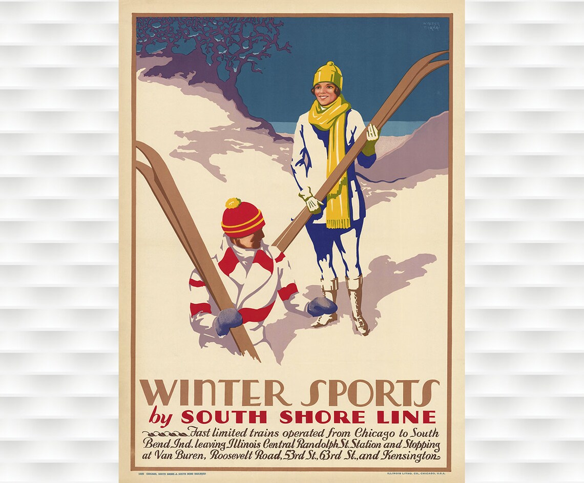 Winter Sports South Shore Line Skiers Vintage Travel Art Poster