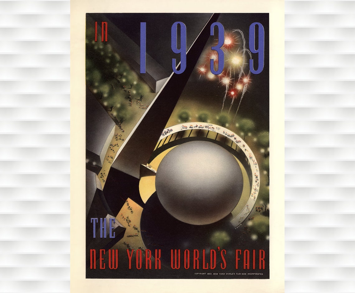 1939 New York World's Fair Trylon Perisphere Night Vintage Poster