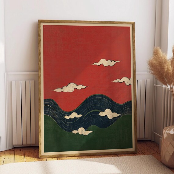 Japanese Woodblock Waves and Clouds, Boho Art Print
