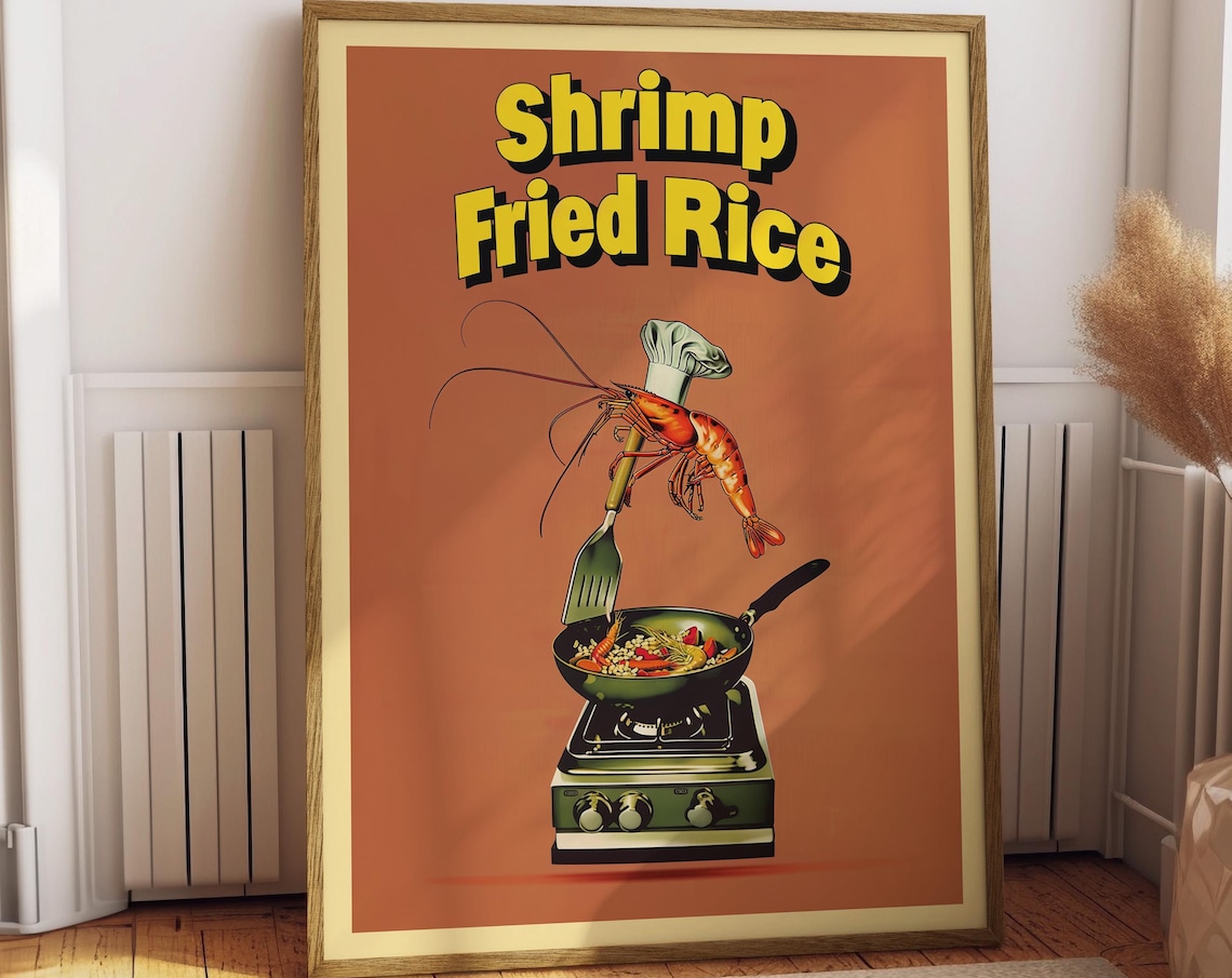 Shrimp Fried Rice Funny Retro Poster, Kitchen Decor