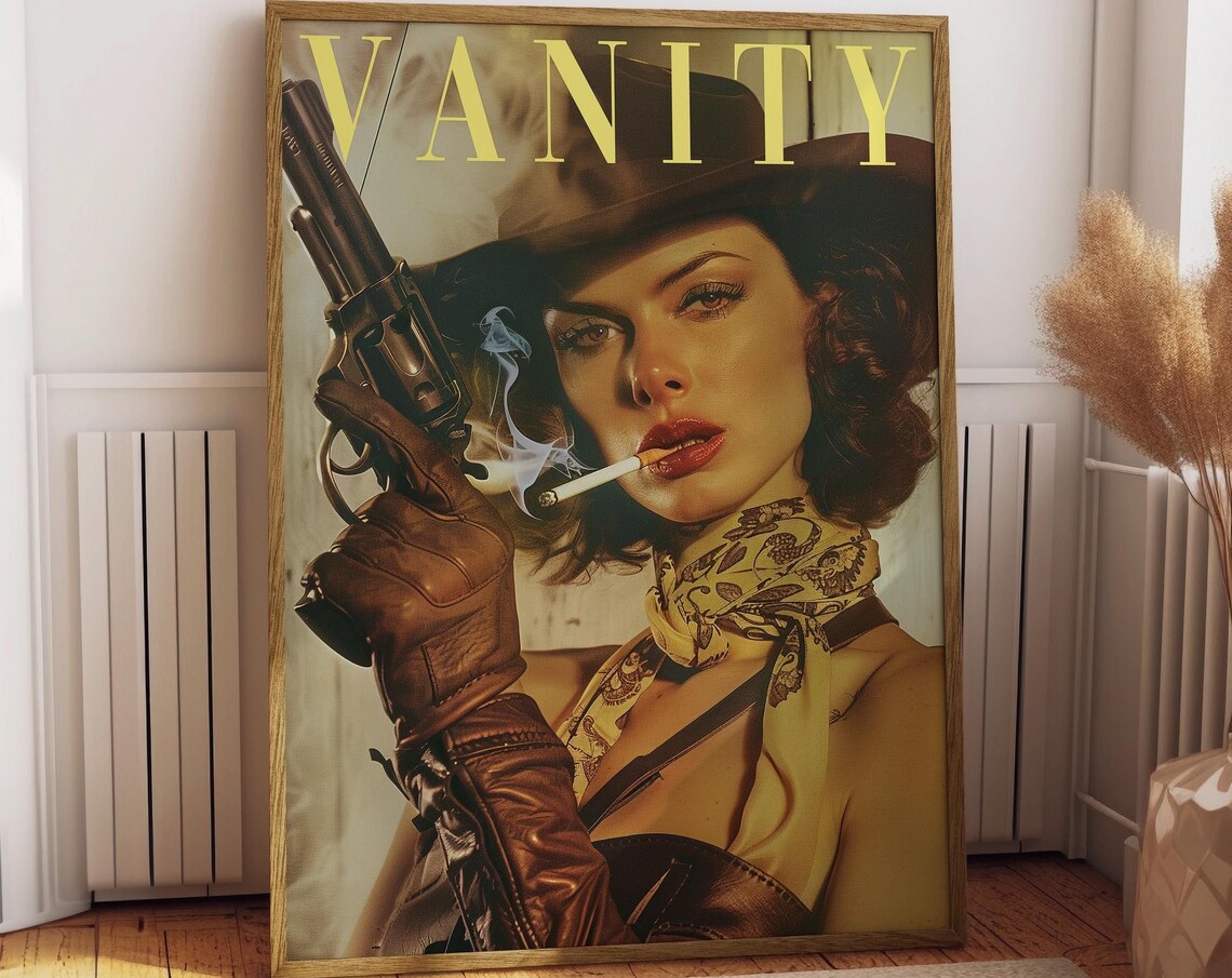 Vintage Cowgirl With A Gun Retro Wall Art Print