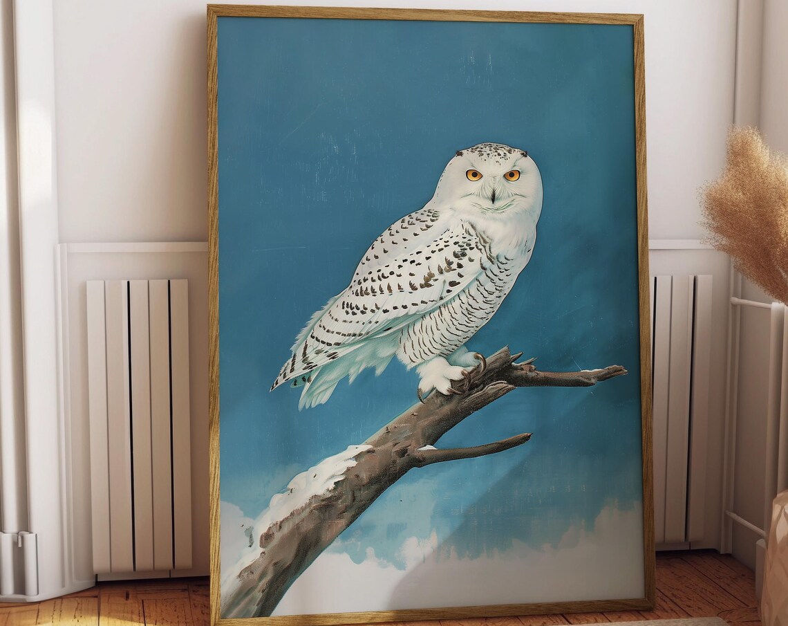 Snowy Owl Vintage Alaska Art Print, Rustic Cabin