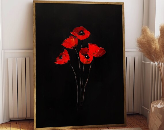 Vintage Red Poppy Oil Painting, Gothic Botanical Art Print