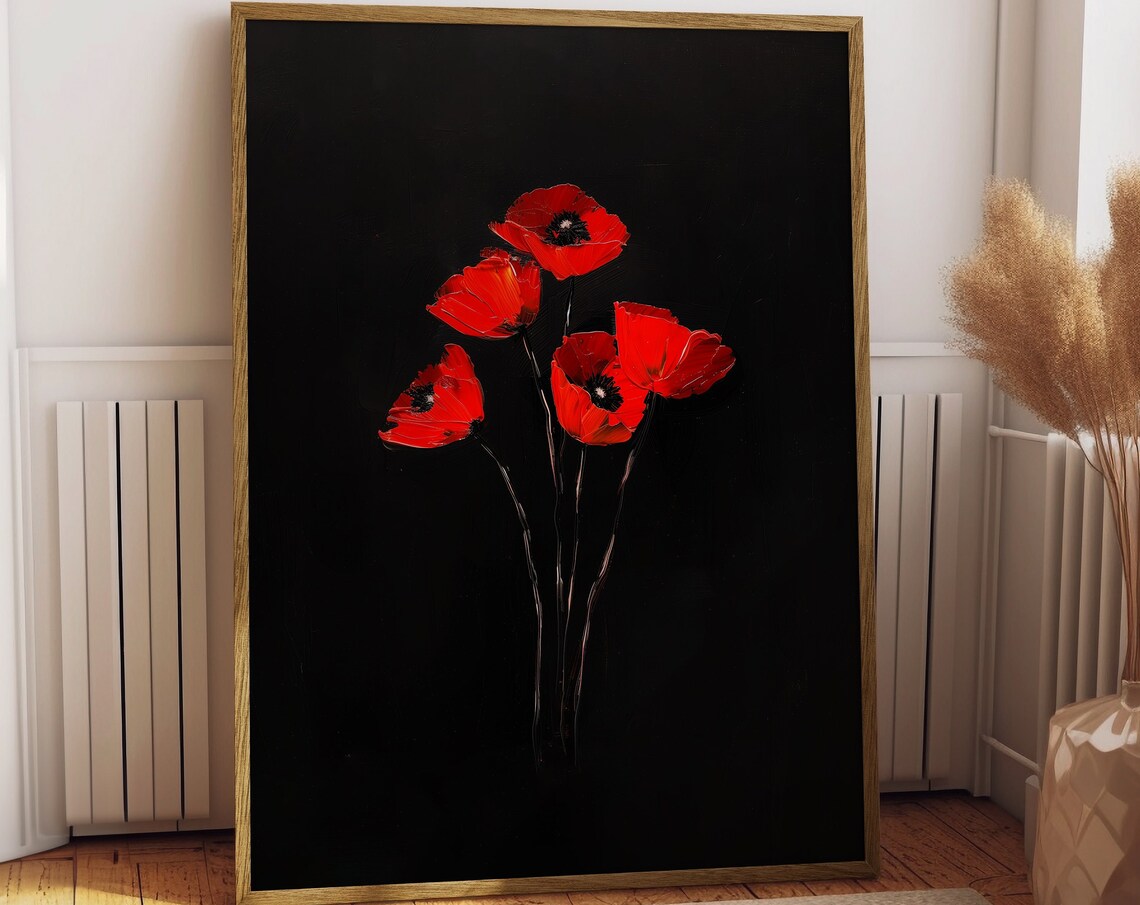 Vintage Red Poppy Oil Painting, Gothic Botanical Art Print