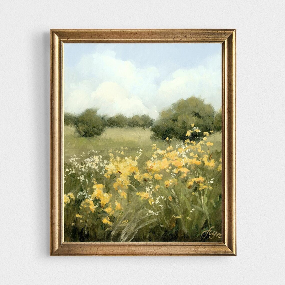 Flower Meadow Vintage Countryside Landscape Art Print