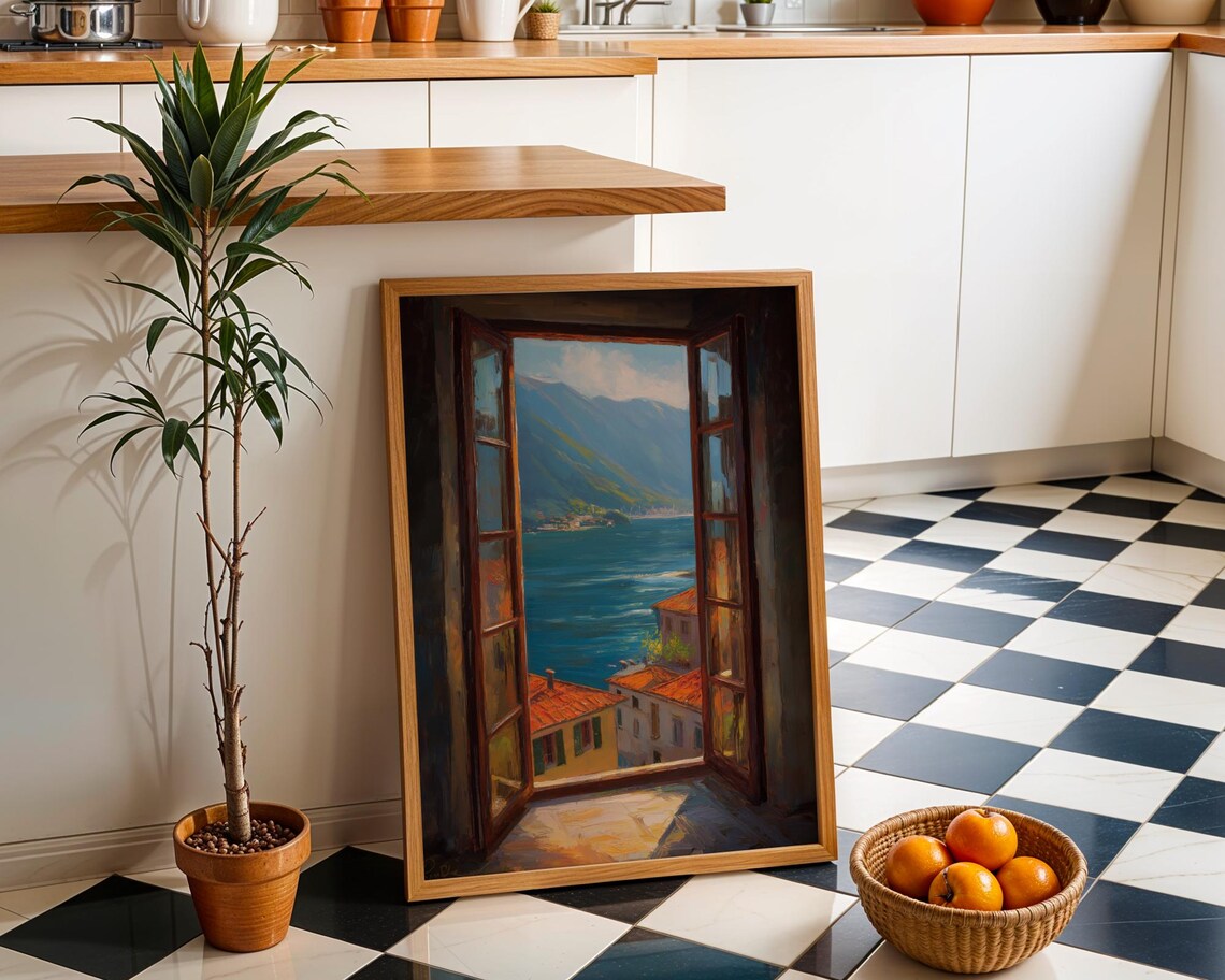 Open Shutters Over Lake Village Rooftops And Mountains Painting Poster