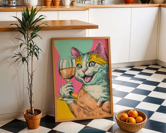 Pop Art Cat With Wine Print Retro Wall Funny Vintage Style Animal Poster Whimsical Feline Illustration Playful Bar Dcor