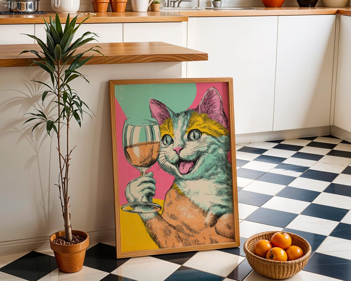 Pop Art Cat With Wine Glass Colorful Retro Funny Kitchen Wall Decor Poster