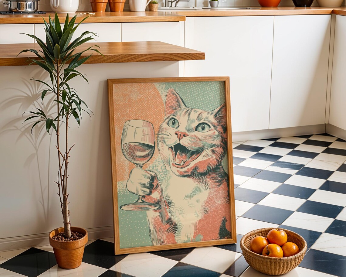 Funny Cat With Wine Glass Vintage Halftone Orange Teal Retro Poster Decor