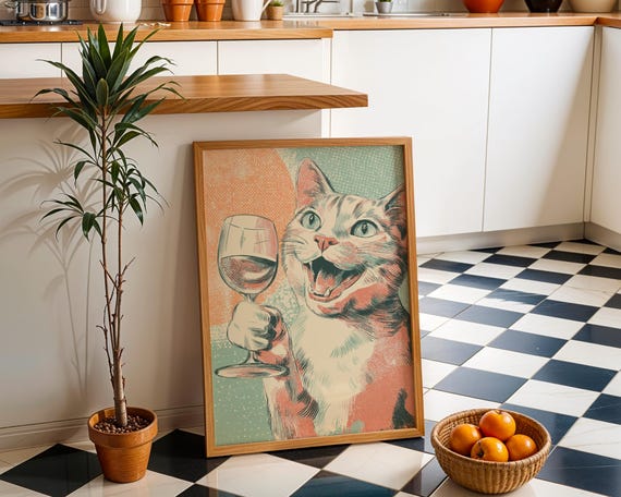 Pop Art Cat With Wine Print Retro Wall Funny Vintage Style Animal Poster Whimsical Feline Illustration Playful Bar Dcor
