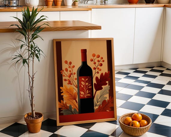 Autumn Wine Bottle Print Rustic Fall Floral Kitchen Wall Art Poster