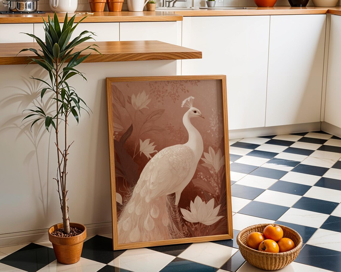 White Peacock Wall Art Neutral Boho Bird Print Elegant Nature Illustration Minimalist Botanical Dcor Modern Living Room Artwork