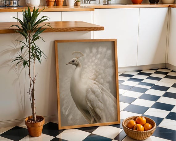 White Peacock Wall Art Neutral Boho Bird Print Elegant Nature Illustration Minimalist Botanical Dcor Modern Living Room Artwork