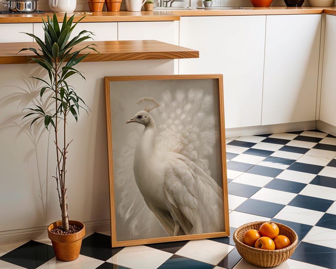 White Peacock Serene Pale Fanned Tail Profile Elegant Wall Art
