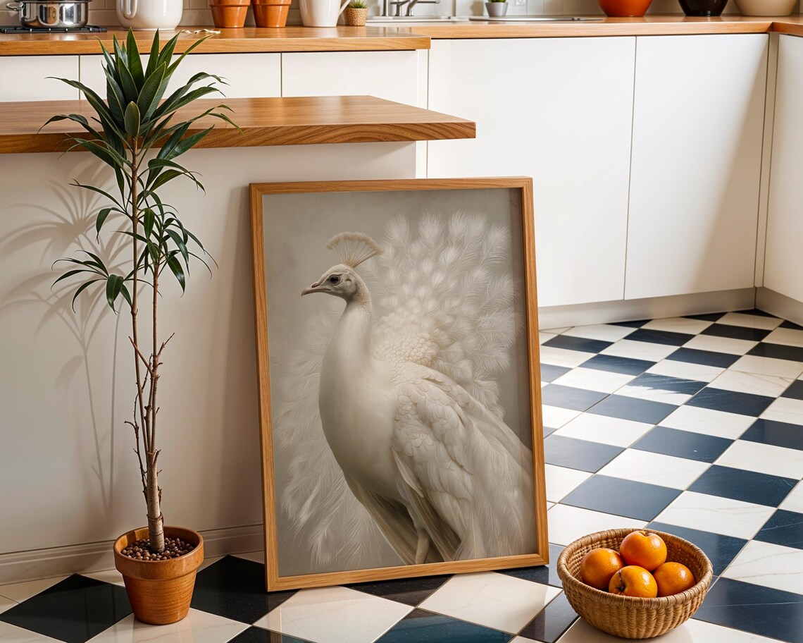 White Peacock Wall Art Neutral Boho Bird Print Elegant Nature Illustration Minimalist Botanical Dcor Modern Living Room Artwork